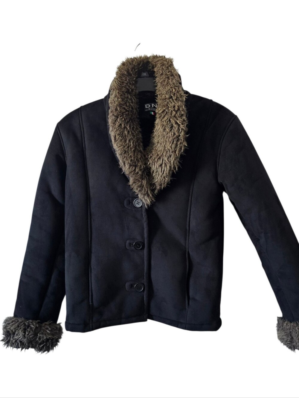 Vintage DNK Classic Jacket Size L Black Faux Suede Fur Collar Y2K Penny Lane